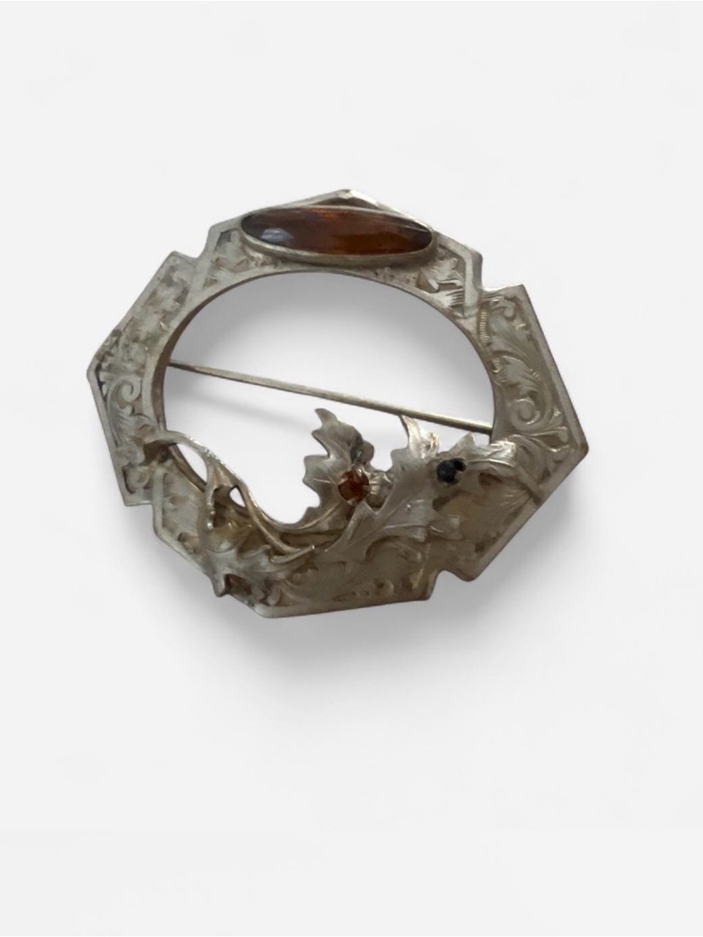 Silver-Tone Floral Round Brooch with Amber Accents